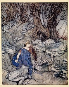 En el barranco bifurcado en el que se deslizó al anochecer, fue rodeado por sapos gigantes, ilustración de 